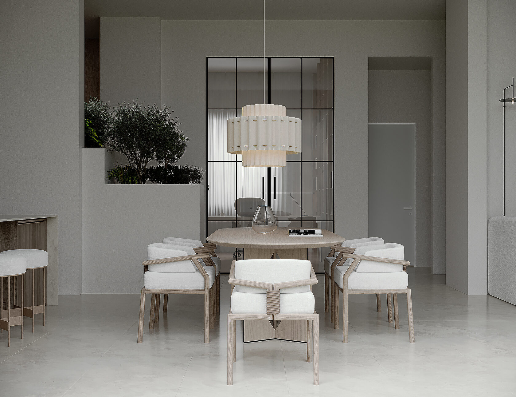 Bright combined living and dining room with modern kitchen island