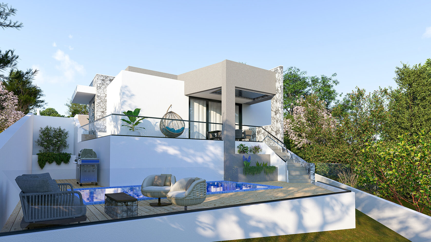 Villa E exterior with pool, veranda, and sunset light