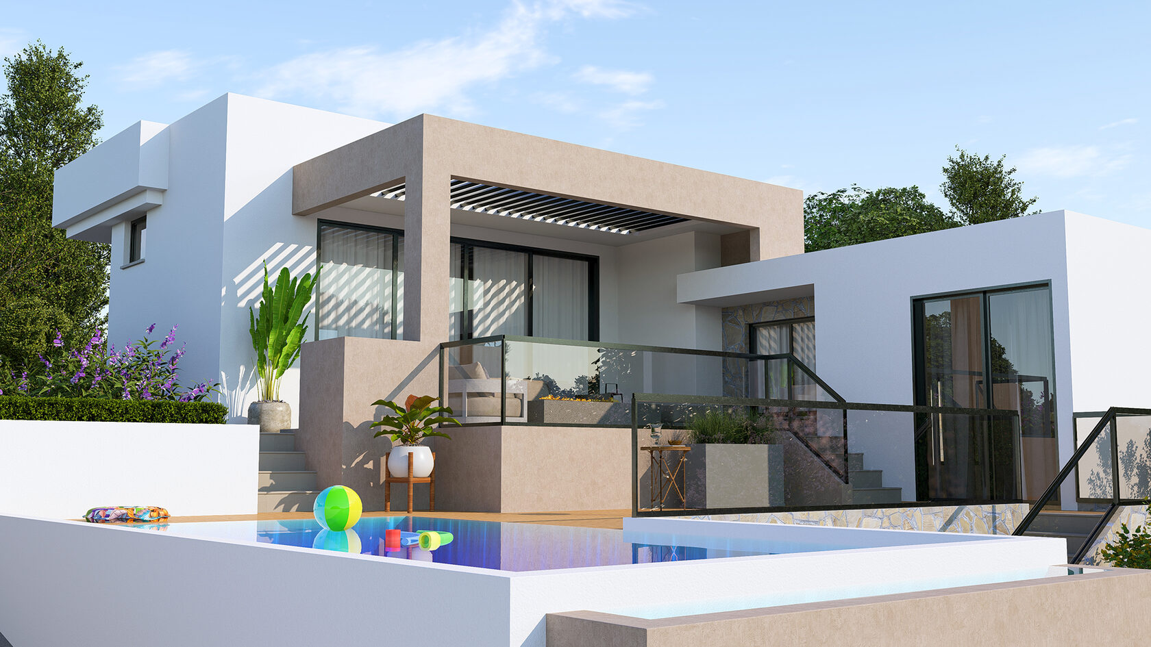 L-shaped Parekklisia villa with pool terrace and pine forest backdrop